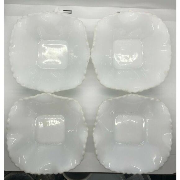 Milk Glass Square Candy Dish Bowl Diamond Pattern Ruffled Edge Set of 4 - Picture 5 of 8